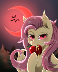 Size: 2000x2500 | Tagged: safe, artist:beanbunn, fluttershy, bat, bat pony, g4, apple, blood moon, crescent moon, eating, fangs, female, flutterbat, food, herbivore, high res, looking at you, moon, night, race swap, solo