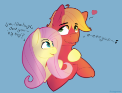 Size: 1371x1048 | Tagged: safe, artist:fuzzypones, big macintosh, fluttershy, g4, blue background, blushing, eye clipping through hair, female, floating heart, heart, hug, male, music notes, pictogram, ship:fluttermac, shipping, simple background, straight
