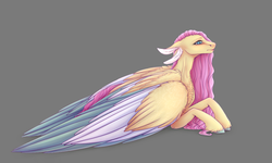 Size: 1118x670 | Tagged: safe, artist:remalmok, fluttershy, pony, g4, colored wings, female, gray background, multicolored wings, prone, simple background, solo