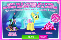 Size: 796x525 | Tagged: safe, gameloft, lemony gem, pony, unicorn, g4, advertisement, background pony, costs real money, female, gem, introduction card, mare, saddle, sale, solo, tack, tower