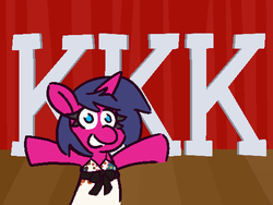 Size: 500x375 | Tagged: safe, artist:threetwotwo32232, oc, oc only, oc:fizzy pop, pony, unicorn, bipedal, clothes, dress, female, grin, hooves up, k, kkk, krusty komedy klassic, ku klux klan, letter, looking at you, male, mare, open mouth, outstretched arms, parody, smiling, solo, the simpsons, wat