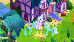 Size: 720x408 | Tagged: safe, gameloft, lyra heartstrings, queen chrysalis, silverstream, changedling, changeling, classical hippogriff, hippogriff, pony, unicorn, g4, female, game screencap, gameloft shenanigans, mare