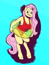 Size: 1301x1713 | Tagged: safe, artist:raph13th, artist:threetwotwo32232, fluttershy, pegasus, anthro, unguligrade anthro, g4, big breasts, breasts, busty fluttershy, cleavage, clothes, colored, female, inner tube, mare, one-piece swimsuit, simple background, smiling, solo, swimsuit, teal background