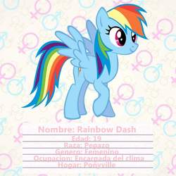 Size: 1024x1024 | Tagged: safe, rainbow dash, pegasus, pony, g4, female, mare, raised hoof, smiling, solo, spanish, spread wings, wings