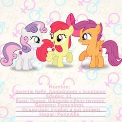 Size: 1026x1024 | Tagged: safe, apple bloom, scootaloo, sweetie belle, earth pony, pegasus, pony, unicorn, g4, cutie mark crusaders, female, filly, looking at each other, open mouth, raised hoof, raised leg, smiling, spanish