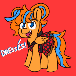 Size: 1000x1000 | Tagged: safe, artist:threetwotwo32232, oc, oc only, oc:cold front, earth pony, pony, clothes, crossdressing, dialogue, dress, male, poka dot dress, solo, stallion, that stallion sure does love dresses