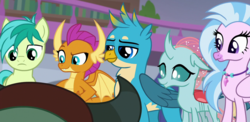 Size: 1280x625 | Tagged: safe, screencap, gallus, ocellus, sandbar, silverstream, smolder, yona, changedling, changeling, dragon, griffon, hippogriff, pony, yak, g4, what lies beneath, student six