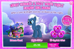 Size: 796x528 | Tagged: safe, gameloft, night glider, pony, g4, advertisement, blue, costs real money, fail, female, introduction card, sale, solo, you had one job