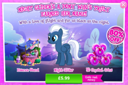 Size: 796x528 | Tagged: safe, gameloft, night glider, pegasus, pony, g4, advertisement, blue, costs real money, fail, female, introduction card, sale, solo, you had one job