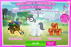 Size: 792x527 | Tagged: safe, gameloft, silver shill, earth pony, pony, g4, advertisement, costs real money, introduction card, lucky coin, male, sale, solo, stallion