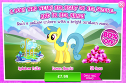 Size: 794x526 | Tagged: safe, gameloft, lemon hearts, pony, g4, advertisement, costs real money, female, gem, introduction card, solo