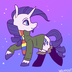 Size: 600x600 | Tagged: safe, artist:comickit, part of a set, rarity, pony, unicorn, g4, abstract background, beard, boots, clothes, facial hair, female, jacket, looking back, mare, raised hoof, scarf, shoes, smiling, solo, stars