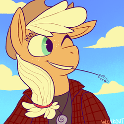 Size: 600x600 | Tagged: safe, artist:comickit, part of a set, applejack, earth pony, semi-anthro, g4, applejack's hat, clothes, cowboy hat, female, floppy ears, hat, jewelry, mare, necklace, one eye closed, plaid shirt, shirt, sidemouth, smiling, solo, straw in mouth