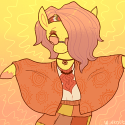 Size: 600x600 | Tagged: safe, artist:comickit, part of a set, fluttershy, pony, g4, abstract background, alternate hairstyle, bandana, bipedal, clothes, female, freckles, glasses, hippieshy, jewelry, mare, necklace, shawl, solo