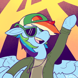 Size: 600x600 | Tagged: safe, artist:comickit, part of a set, rainbow dash, pony, g4, abstract background, baseball cap, cap, clothes, dog tags, female, hat, mare, open mouth, raised hoof, sidemouth, solo, sunglasses