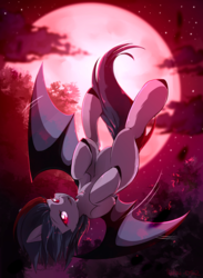 Size: 2200x3000 | Tagged: safe, artist:hakkids2, bat, bat pony, female, flying, full moon, high res, mare, moon, night, red eyes, solo, upside down