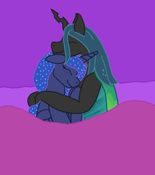 Size: 1600x1800 | Tagged: source needed, safe, artist:krumpcakes, princess luna, queen chrysalis, changeling, changeling queen, g4, bed, chrysaluna, female, lesbian, shipping, sleeping