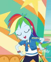 Size: 341x410 | Tagged: safe, screencap, rainbow dash, equestria girls, equestria girls specials, g4, my little pony equestria girls: better together, my little pony equestria girls: rollercoaster of friendship, animated, cropped, discovery family logo, female, geode of super speed, hand on hip, magical geodes, solo