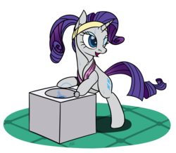 Size: 2077x1807 | Tagged: safe, artist:camo-pony, derpibooru exclusive, rarity, pony, unicorn, g4, alternate hairstyle, bipedal, bipedal leaning, drinking fountain, earbuds, female, leaning, one eye closed, solo, sweat, sweatband, workout