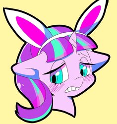Size: 984x1041 | Tagged: safe, artist:asg5528, starlight glimmer, pony, unicorn, g4, blushing, bunny ears, bust, cute, female, glimmerbetes, mare, portrait, s5 starlight, simple background, solo, yellow background