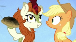 Size: 1920x1080 | Tagged: safe, screencap, applejack, autumn blaze, earth pony, kirin, pony, g4, sounds of silence, baked bads, bread, cloven hooves, cowboy hat, derp, duo, female, food, funny, hat, mare, out of context