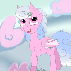 Size: 2000x2000 | Tagged: safe, artist:luriel maelstrom, oc, oc only, oc:haiky haiku, bat pony, pony, bat pony oc, cloud, cotton candy clouds, fangs, female, flying, high res, looking up, mare, open mouth, signature, simple background, smiling, solo, teeth