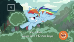 Size: 1334x750 | Tagged: safe, screencap, rainbow dash, fly-der, pegasus, pony, campfire tales, g4, discovery family logo, female, fly-der bite, flying, grin, kicking, mare, smiling, solo, tv rating, tv-y