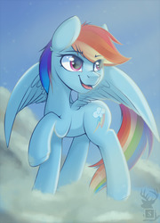 Size: 1280x1773 | Tagged: safe, artist:php97, rainbow dash, pegasus, pony, g4, female, mare, open mouth, open smile, partially open wings, raised hoof, smiling, solo, wings