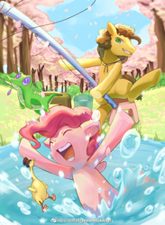 Size: 656x897 | Tagged: artist needed, safe, boneless, cheese sandwich, gummy, pinkie pie, earth pony, pony, g4, cherry blossoms, cute, duo, eyes closed, female, fishing rod, flower, flower blossom, happy, male, mare, playing, smiling, stallion, water