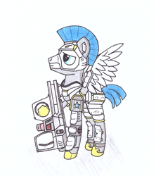 Size: 1024x1152 | Tagged: safe, artist:zocidem, pony, armor, cyberpunk, male, royal guard, simple background, solo, technology, traditional art, weapon, white background