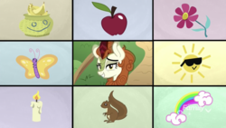 Size: 1334x750 | Tagged: safe, screencap, autumn blaze, butterfly, kirin, squirrel, g4, sounds of silence, apple, banana, basket, candle, collage, discovery family logo, female, flower, food, rainbow, raised eyebrow, solo, sun, sunglasses