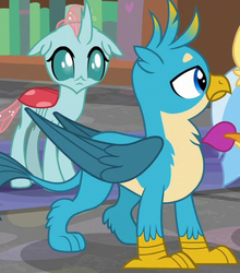 Size: 396x451 | Tagged: safe, screencap, gallus, ocellus, silverstream, smolder, changedling, changeling, griffon, g4, what lies beneath, chest fluff, claws, cropped, male, offscreen character, paws, tail, wings