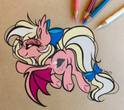 Size: 3123x2768 | Tagged: safe, artist:emberslament, oc, oc only, oc:bay breeze, bat pony, pony, bat ponified, blushing, bow, butt, colored pencil drawing, colored pencils, cute, dock, fangs, female, flying, hair bow, high res, looking at you, looking back, looking back at you, mare, ocbetes, one eye closed, photo, plot, race swap, solo, tail bow, traditional art, underhoof, wink