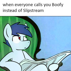 Size: 500x500 | Tagged: safe, artist:sugar morning, oc, oc only, oc:slipstream, pegasus, pony, angry, boofy, boofy is a good boy, chair, down beat bear, heterochromia, male, meme, meta, newspaper, ponified meme, reading, sitting, solo, stallion, tom and jerry, tom reading the newspaper