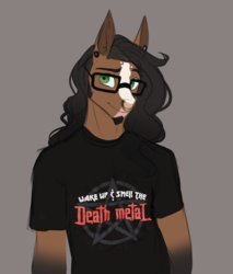 Size: 1995x2340 | Tagged: safe, artist:askbubblelee, oc, oc only, oc:walter nutt, earth pony, anthro, alternate hairstyle, anthro oc, clothes, facial hair, goatee, male, nose piercing, nose ring, piercing, shirt, simple background, smiling, solo, stallion