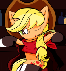 Size: 3900x4200 | Tagged: safe, artist:j5ajj, applejack, earth pony, pony, g4, clothes, female, hay stalk, hoof boots, mare, one eye closed, scarf, solo, straw in mouth