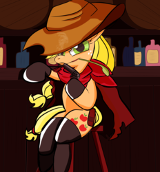 Size: 3900x4200 | Tagged: safe, artist:j5ajj, applejack, earth pony, pony, g4, bar, clothes, female, handgun, hay stalk, hoof boots, mare, scarf, solo, straw in mouth