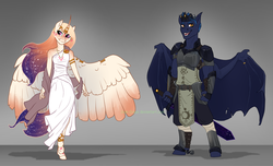 Size: 1650x1000 | Tagged: safe, artist:joan-grace, oc, oc only, oc:king cosmos, oc:queen galaxia, alicorn, bat pony, anthro, unguligrade anthro, alicorn oc, anthro oc, bat pony oc, celestia and luna's father, celestia and luna's mother, clothes, crown, dress, duo, female, galamos, gray background, jewelry, male, mare, necklace, regalia, simple background, stallion, white dress