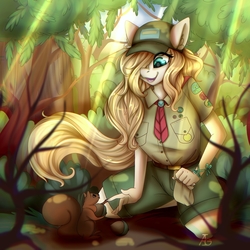 Size: 1350x1350 | Tagged: safe, artist:igazella, oc, oc only, squirrel, anthro, acorn, anthro oc, cap, clothes, cute, digital art, female, hair over one eye, hat, looking down, mare, open mouth, shirt, shorts, signature, smiling, solo, ych result