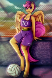Size: 900x1350 | Tagged: safe, artist:igazella, scootaloo, pegasus, anthro, g4, ball, belly button, breasts, busty scootaloo, cleavage, clothes, female, midriff, older, older scootaloo, shirt, shorts, smiling, solo, sports, sports uniform, volleyball, ych result