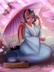 Size: 1470x1960 | Tagged: safe, artist:igazella, oc, oc only, oc:mariposa, bat pony, anthro, :o, anime, anthro oc, bat pony oc, blushing, cherry blossoms, clothes, cup, cute, ear piercing, earring, flower, flower blossom, holding, jewelry, kimono (clothing), looking at you, open mouth, piercing, ponytail, rock, signature, sitting, solo, steam, teacup, teapot, tree, umbrella, ych result