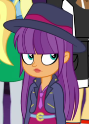 Size: 385x534 | Tagged: safe, screencap, ginger owlseye, equestria girls, equestria girls specials, g4, my little pony equestria girls: better together, my little pony equestria girls: rollercoaster of friendship, background human, clothes, cropped, cute, fedora, female, hat, jacket, necktie, owlabetes, solo focus