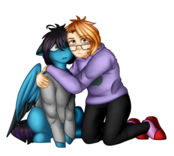 Size: 2595x2310 | Tagged: safe, artist:hicoojoo, oc, oc:despy, human, pegasus, pony, clothes, high res, hug, simple background, transparent background, two toned wings