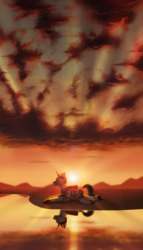 Size: 2000x3500 | Tagged: safe, artist:klooda, oc, oc only, oc:flint, pony, unicorn, cloud, crepuscular rays, high res, lake, lying, male, reflection, solo, stallion, sunset, water, ych example, ych result