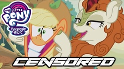 Size: 1280x720 | Tagged: safe, edit, edited screencap, screencap, applejack, autumn blaze, earth pony, kirin, pony, g4, sounds of silence, cloven hooves, cowboy hat, duo, female, forced smile, hat, my little pony logo, smiling