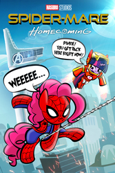 Size: 960x1440 | Tagged: safe, artist:dan232323, pinkie pie, twilight sparkle, alicorn, pony, g4, armor, clothes, costume, female, flying, iron man, male, mare, speech bubble, spider-man, spider-man: homecoming, swinging, twilight sparkle (alicorn)