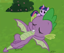 Size: 1193x979 | Tagged: safe, screencap, spike, twilight sparkle, alicorn, dragon, pony, father knows beast, g4, chillaxing, claws, cropped, crossed legs, eyes closed, female, flying, male, mare, on back, paws, smiling, spread wings, toes, twilight sparkle (alicorn), winged spike, wings