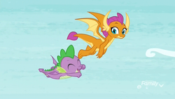 Size: 1920x1080 | Tagged: safe, screencap, smolder, spike, dragon, father knows beast, g4, discovery family logo, dragoness, duo, eyes closed, female, flying, male, sky, spread wings, winged spike, wings