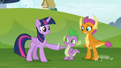 Size: 1920x1080 | Tagged: safe, screencap, smolder, spike, twilight sparkle, alicorn, dragon, pony, father knows beast, g4, discovery family logo, dragoness, eye contact, female, fist bump, hand on hip, hoofbump, looking at each other, male, mare, ponyville, smiling, trio, twilight sparkle (alicorn), winged spike, wings
