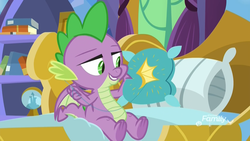 Size: 1920x1080 | Tagged: safe, screencap, spike, dragon, father knows beast, g4, bed, book, discovery family logo, male, pillow, sewing, sewing needle, snow globe, solo, spike's bed, spike's room, thread, throw pillow, winged spike, wings